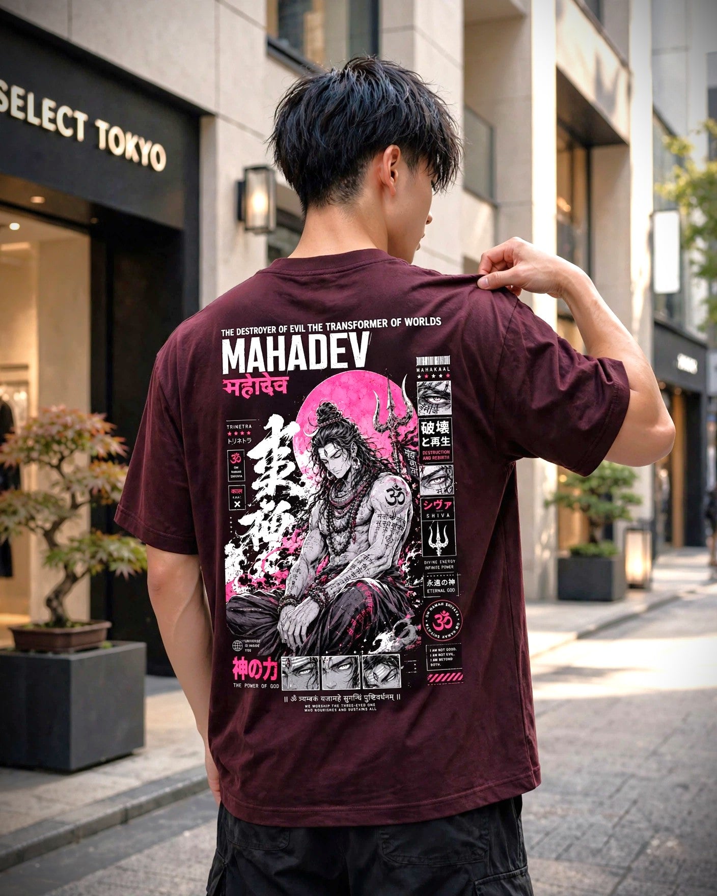 A man wearing a dark maroon graphic t-shirt, viewed from behind as he stretches the fabric of the back to reveal a large detailed print. The shirt features a prominent pink and white illustration of a character with Japanese calligraphy, alongside text including 'MAHADEV'.